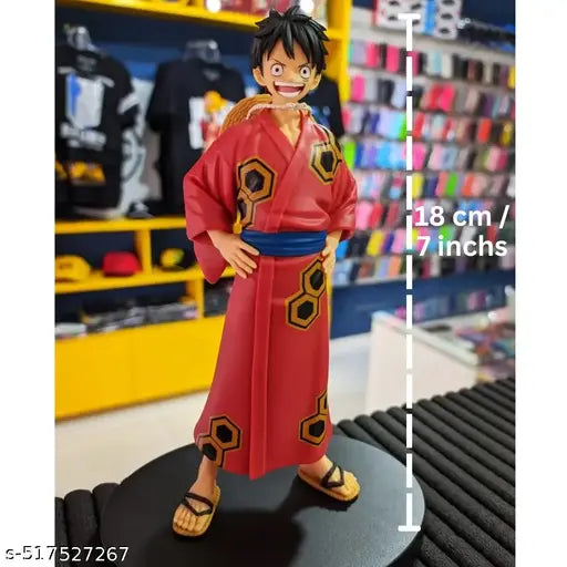 Anime One Piece Figurine - Monkey D. Luffy Action Figure | Height-18cm with Stand | Highly Detailed PVC Material Without Box (One Piece Anime Figure - Luffy Red Kimono Deluxe Cloak)