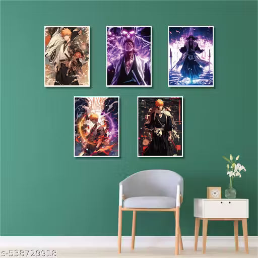5 Bleach Anime Wall Posters Set - Bold Aggressive Manga Art, 22x32 cm, 300 GSM Cardstock, HD Vibrant Collage Kit, No Adhesive, Perfect Anime Wall Decor for Bedroom, Dorm, Gaming Room, Manga Fans