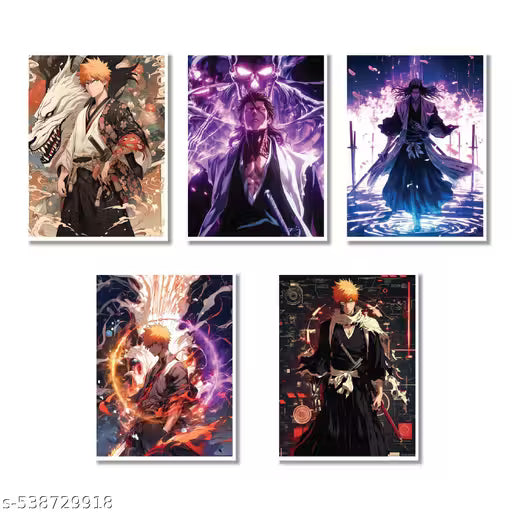 5 Bleach Anime Wall Posters Set - Bold Aggressive Manga Art, 22x32 cm, 300 GSM Cardstock, HD Vibrant Collage Kit, No Adhesive, Perfect Anime Wall Decor for Bedroom, Dorm, Gaming Room, Manga Fans